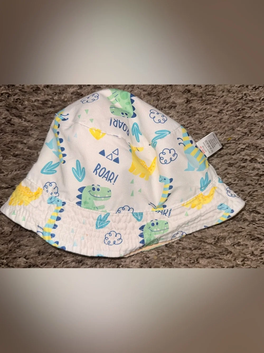 SHEIN Yellow & White Kids Dinosaur Print Reversible Bucket Hats